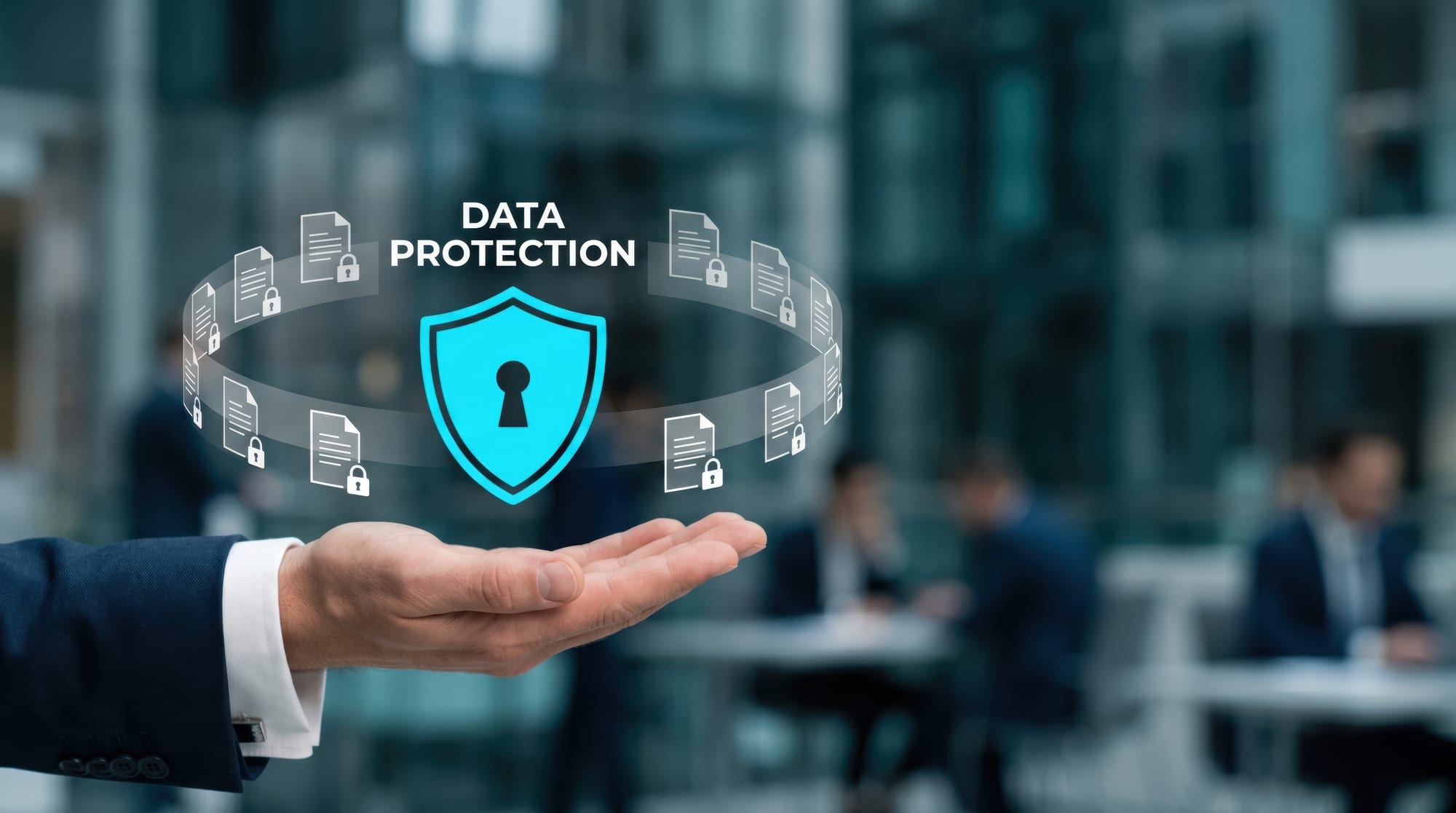 An open hand beneath a glowing shield bearing a keyhole, encircled by a ring of document icons each carrying a padlock, in a glass-walled office.