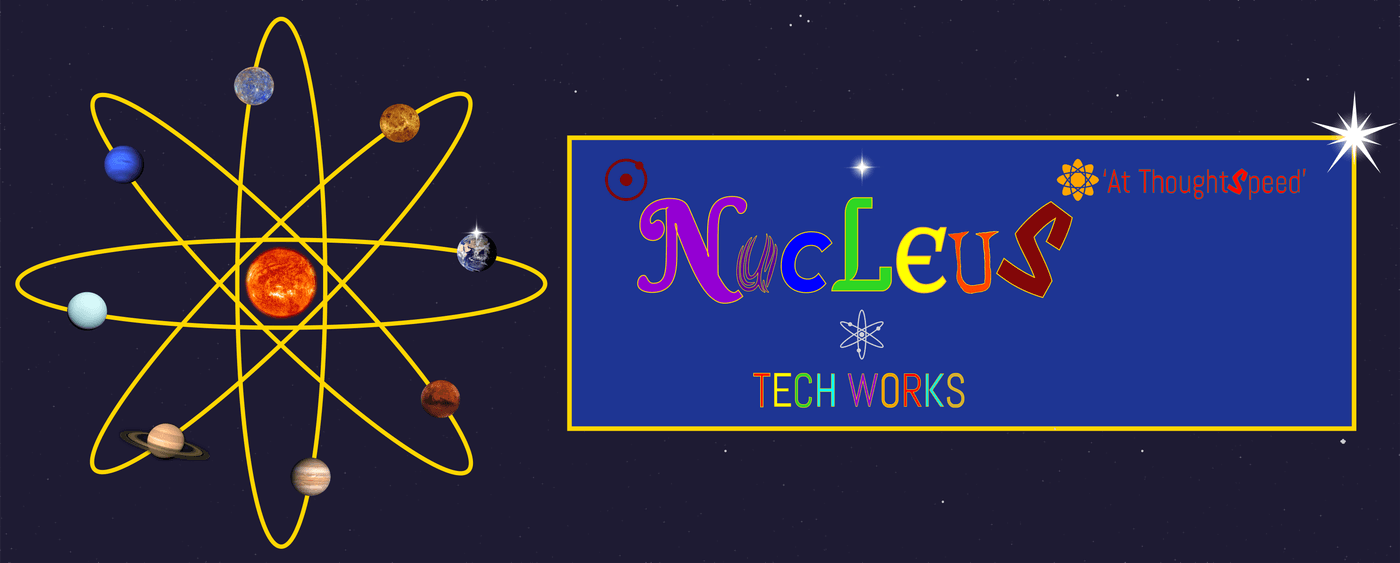 The Nucleus Tech Works logo — the wordmark in VIBGYOR colours, with a live blood cell, a flowered rim, and an atom in action between 'Nucleus' and 'Tech works'.