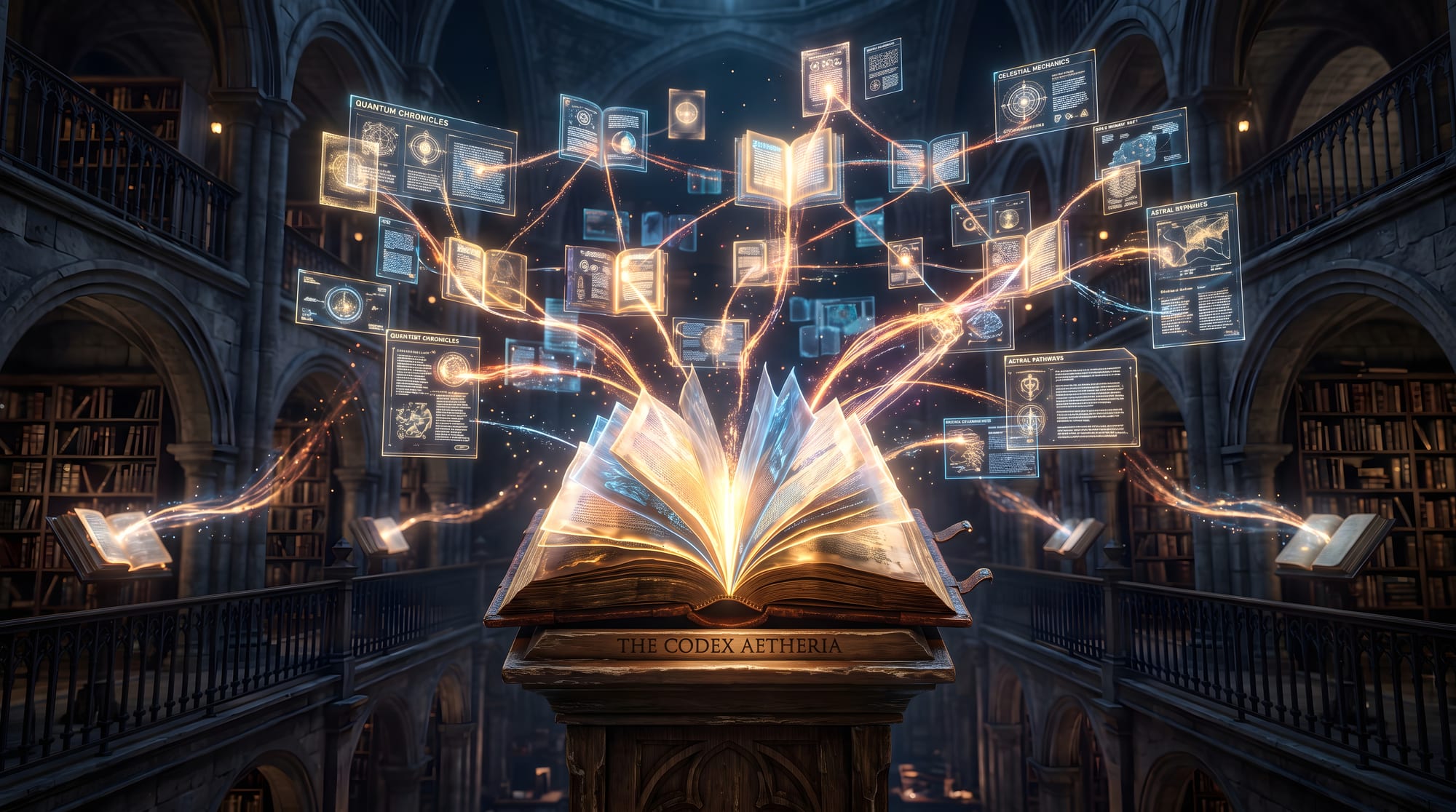 An old book open on a lectern in a vaulted library, light streaming from its pages into dozens of glowing panels of text and diagrams suspended in the air above it.